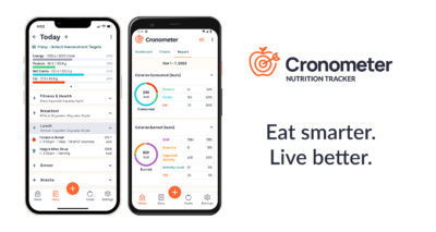 Images of two cronometer app screens with logo and tagline